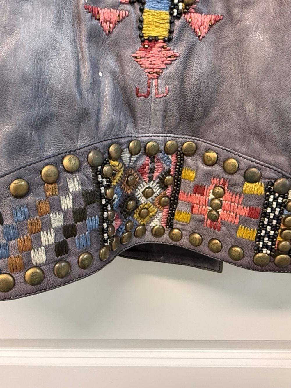 Double D Ranch Chisholm Studded Embroidered Leather Biker Jacket Gray L NWT - Picture 4 of 11